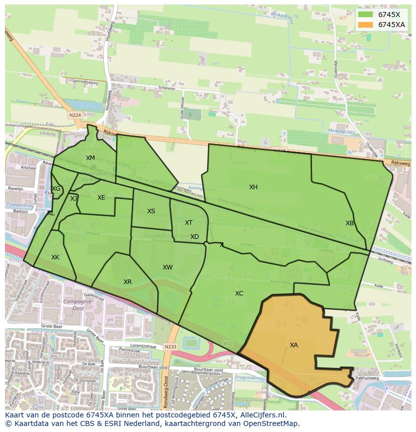 Afbeelding van het postcodegebied 6745 XA op de kaart.