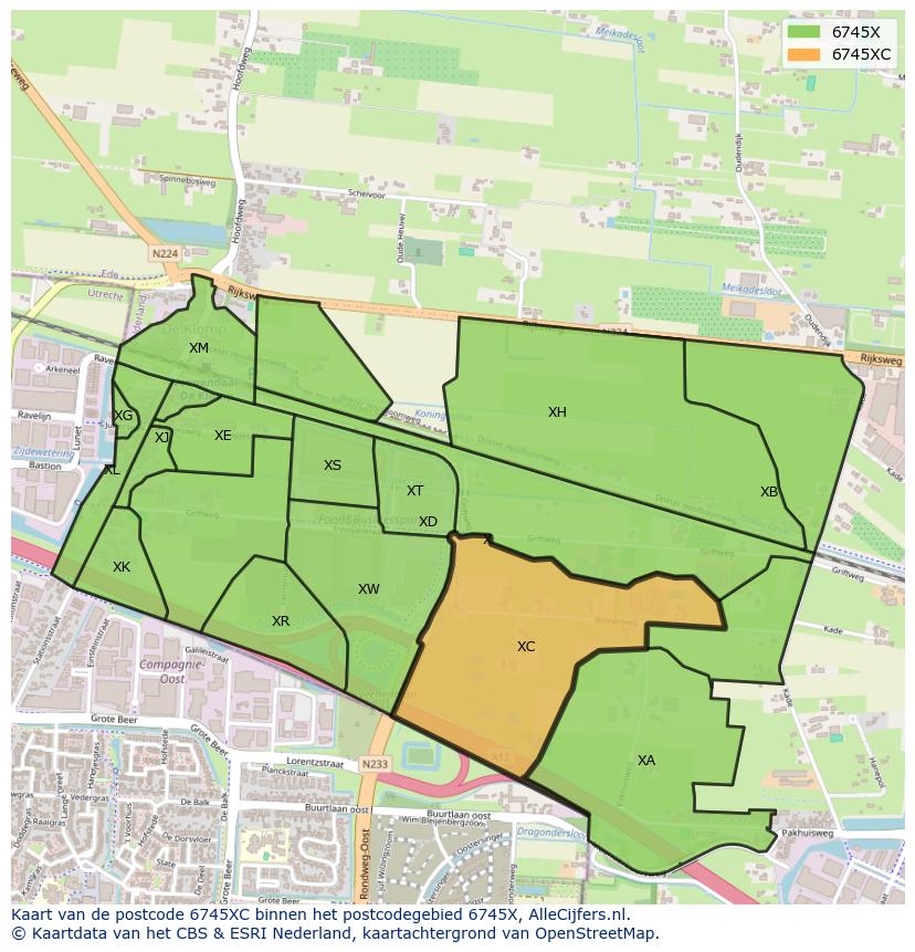 Afbeelding van het postcodegebied 6745 XC op de kaart.