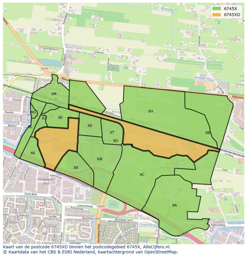 Afbeelding van het postcodegebied 6745 XD op de kaart.