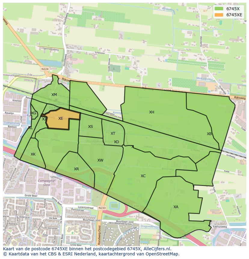 Afbeelding van het postcodegebied 6745 XE op de kaart.