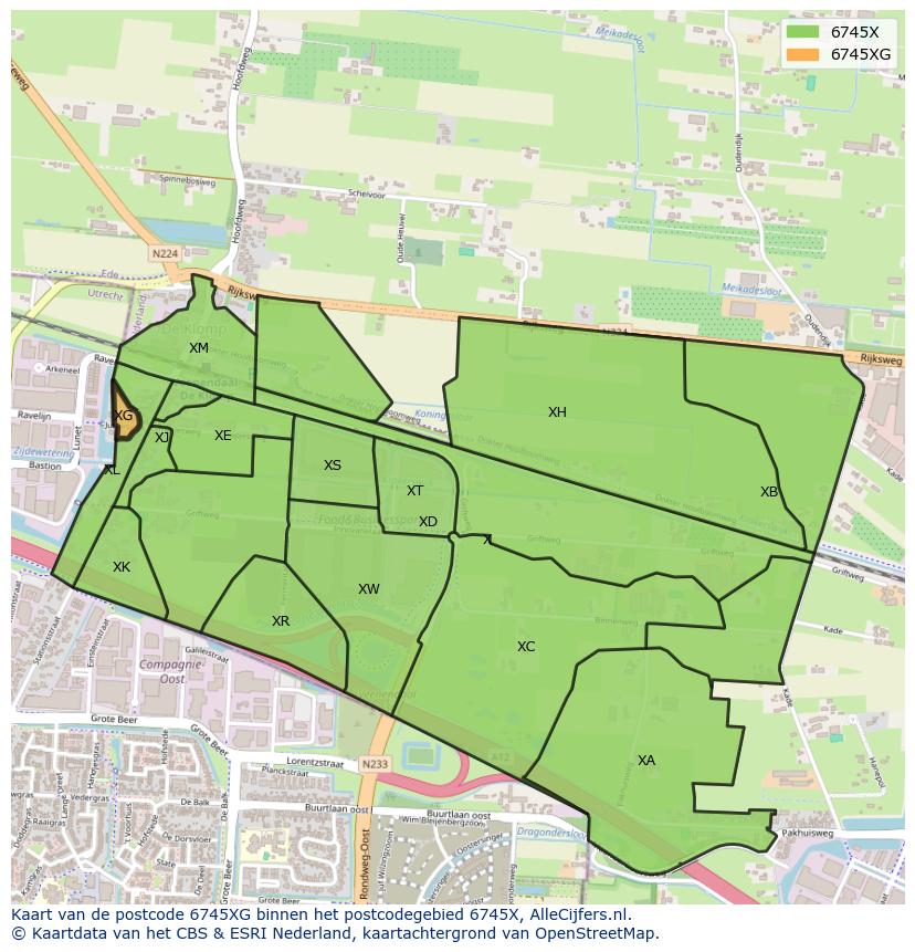 Afbeelding van het postcodegebied 6745 XG op de kaart.