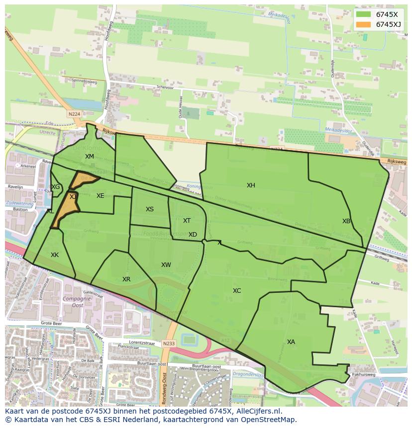 Afbeelding van het postcodegebied 6745 XJ op de kaart.