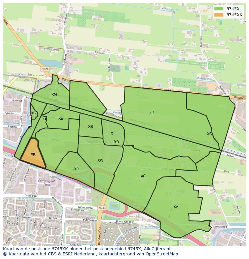 Afbeelding van het postcodegebied 6745 XK op de kaart.