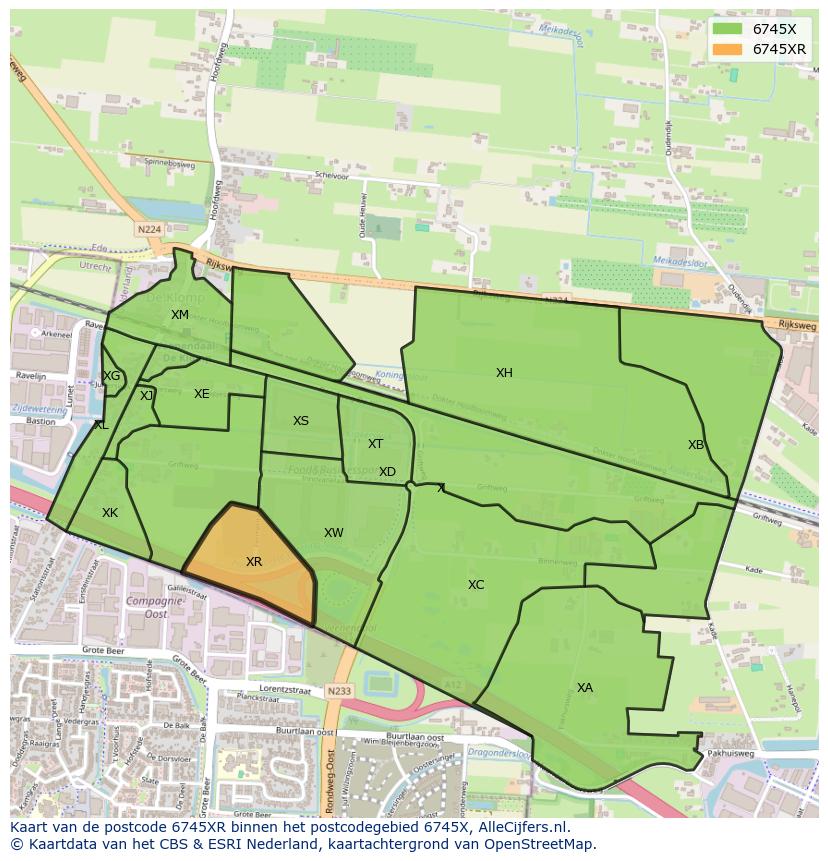 Afbeelding van het postcodegebied 6745 XR op de kaart.