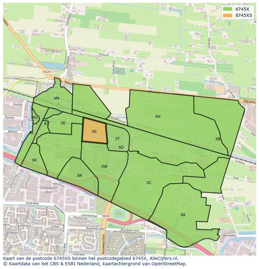 Afbeelding van het postcodegebied 6745 XS op de kaart.
