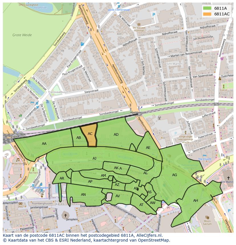 Afbeelding van het postcodegebied 6811 AC op de kaart.
