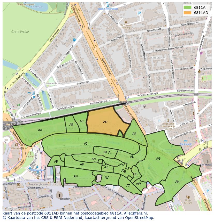 Afbeelding van het postcodegebied 6811 AD op de kaart.