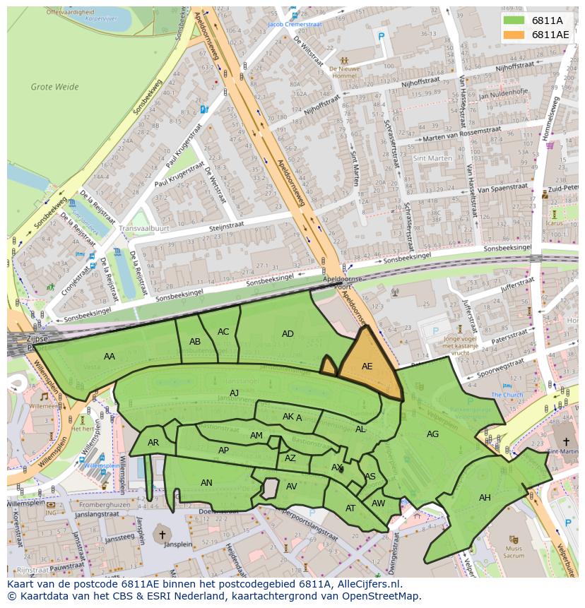 Afbeelding van het postcodegebied 6811 AE op de kaart.