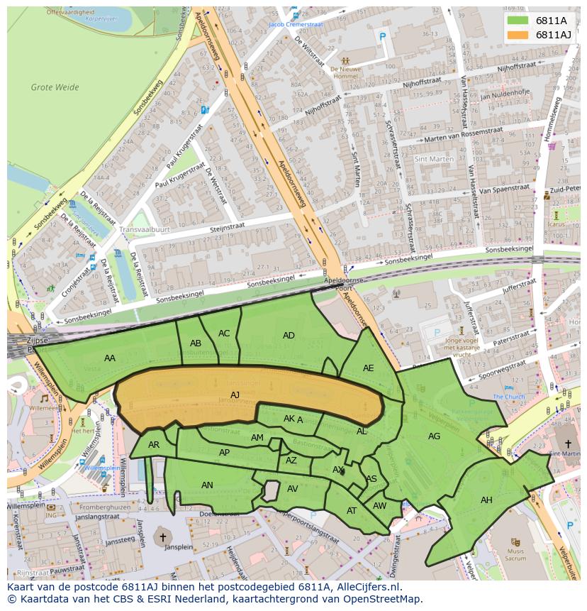 Afbeelding van het postcodegebied 6811 AJ op de kaart.