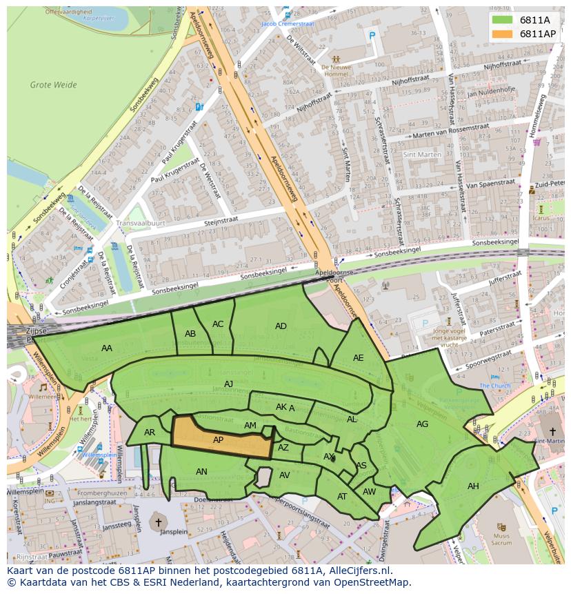 Afbeelding van het postcodegebied 6811 AP op de kaart.