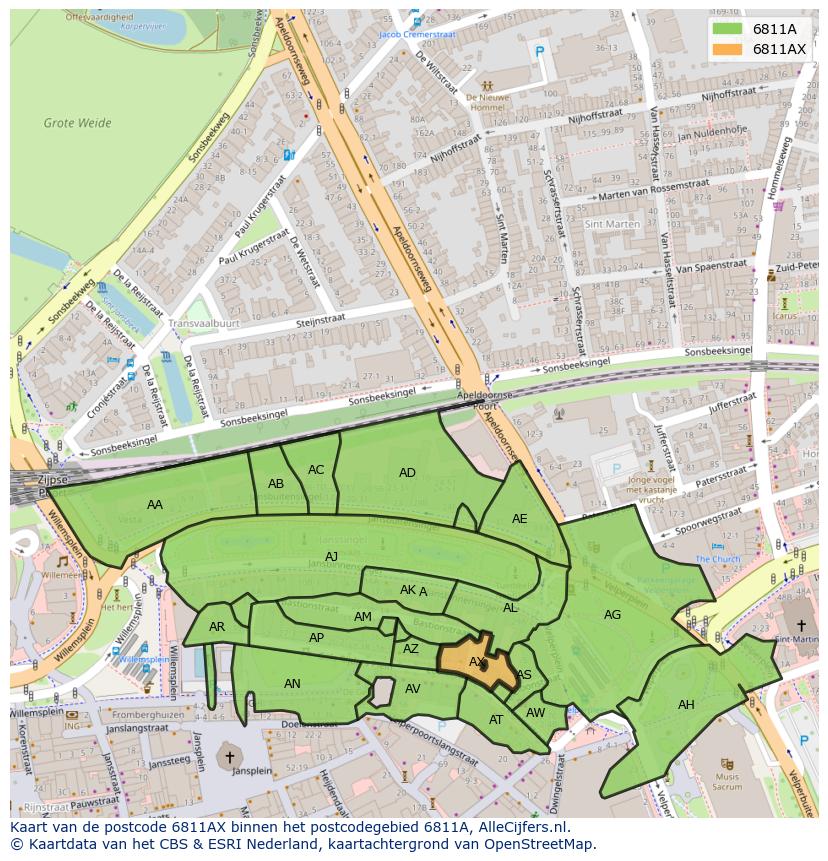 Afbeelding van het postcodegebied 6811 AX op de kaart.