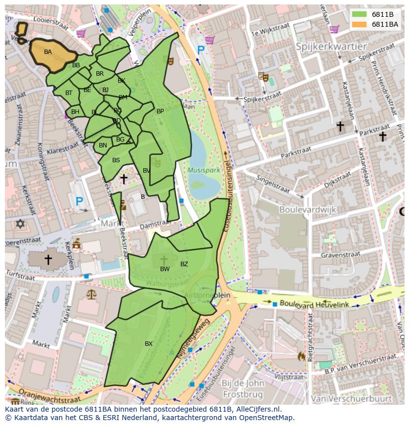Afbeelding van het postcodegebied 6811 BA op de kaart.