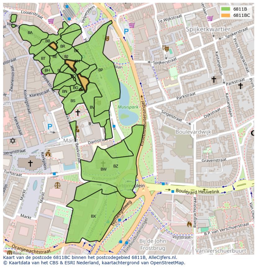 Afbeelding van het postcodegebied 6811 BC op de kaart.