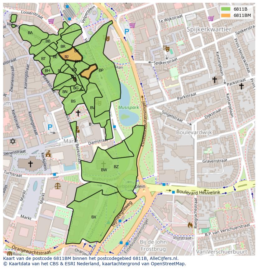 Afbeelding van het postcodegebied 6811 BM op de kaart.