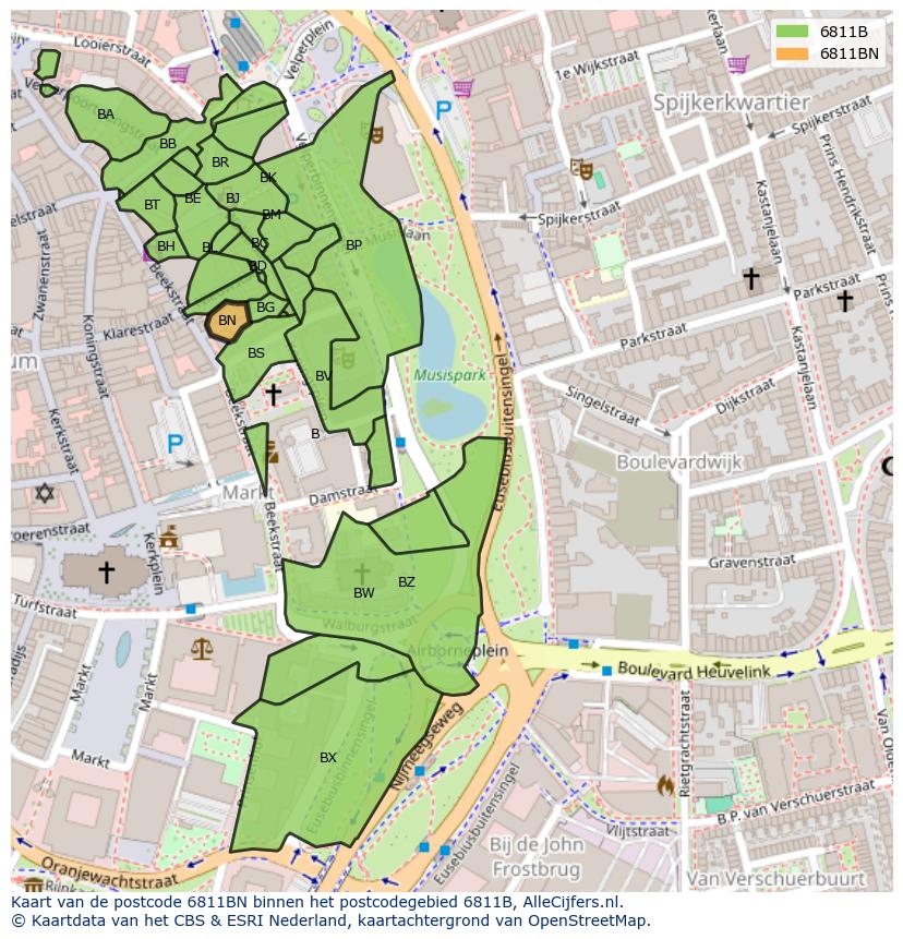 Afbeelding van het postcodegebied 6811 BN op de kaart.