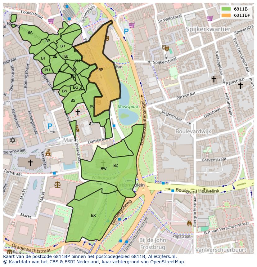 Afbeelding van het postcodegebied 6811 BP op de kaart.