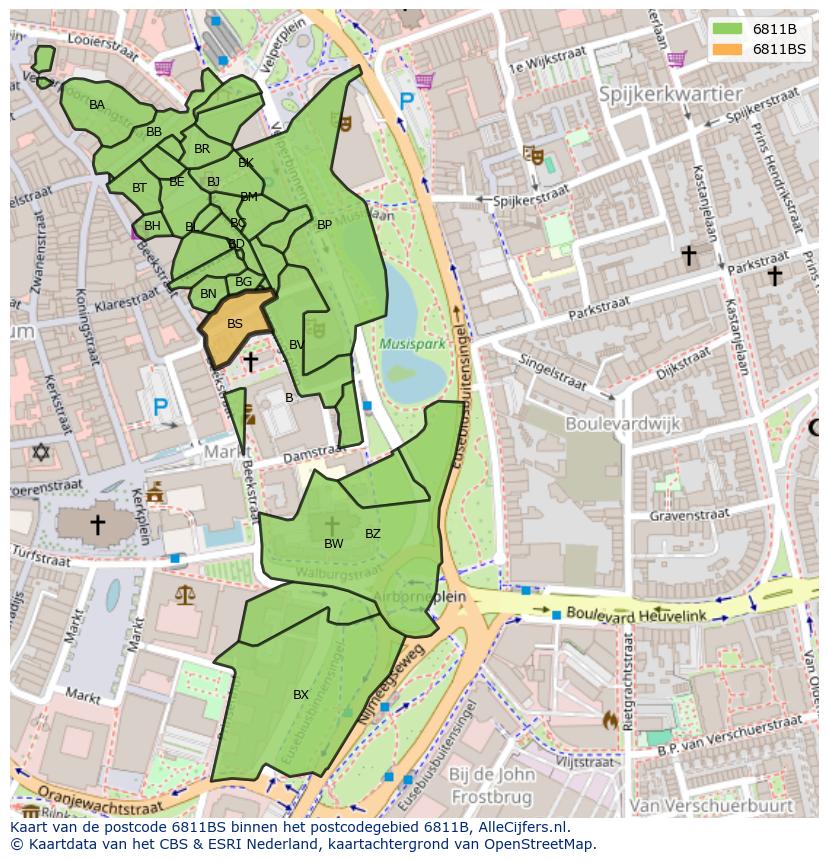 Afbeelding van het postcodegebied 6811 BS op de kaart.