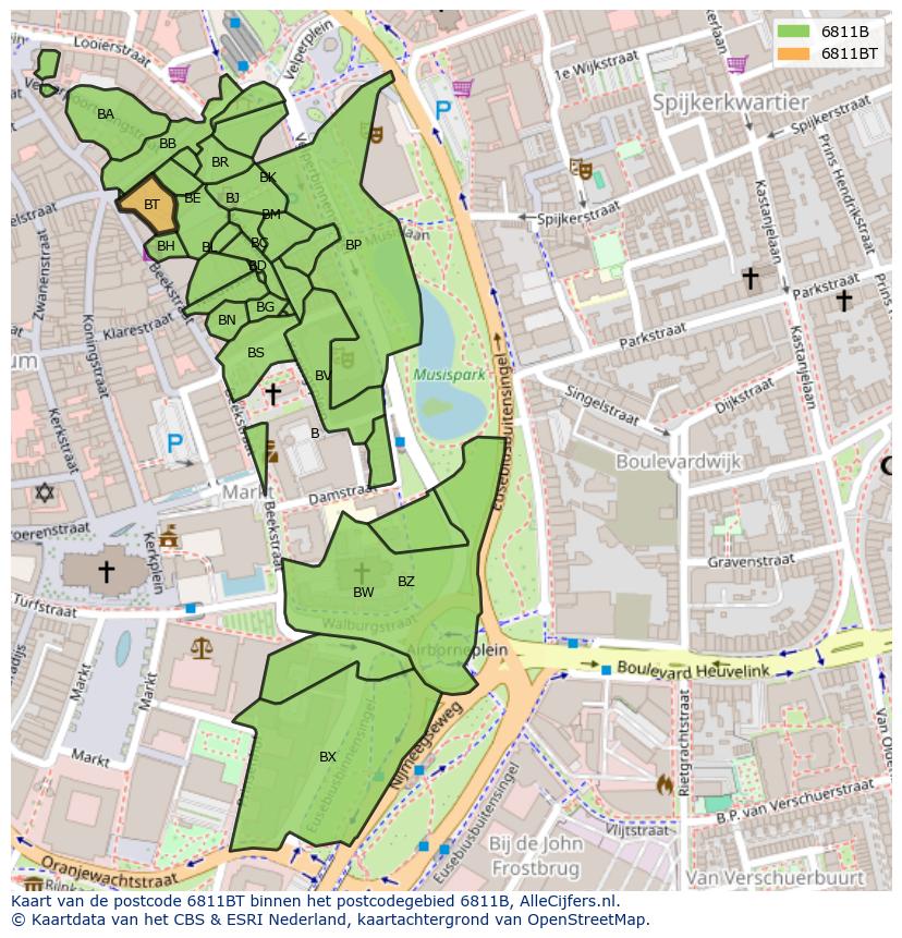 Afbeelding van het postcodegebied 6811 BT op de kaart.