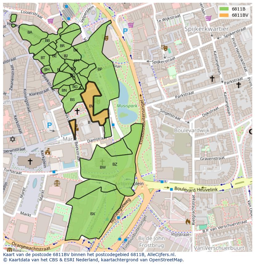 Afbeelding van het postcodegebied 6811 BV op de kaart.