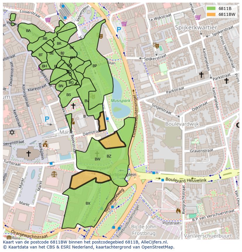 Afbeelding van het postcodegebied 6811 BW op de kaart.
