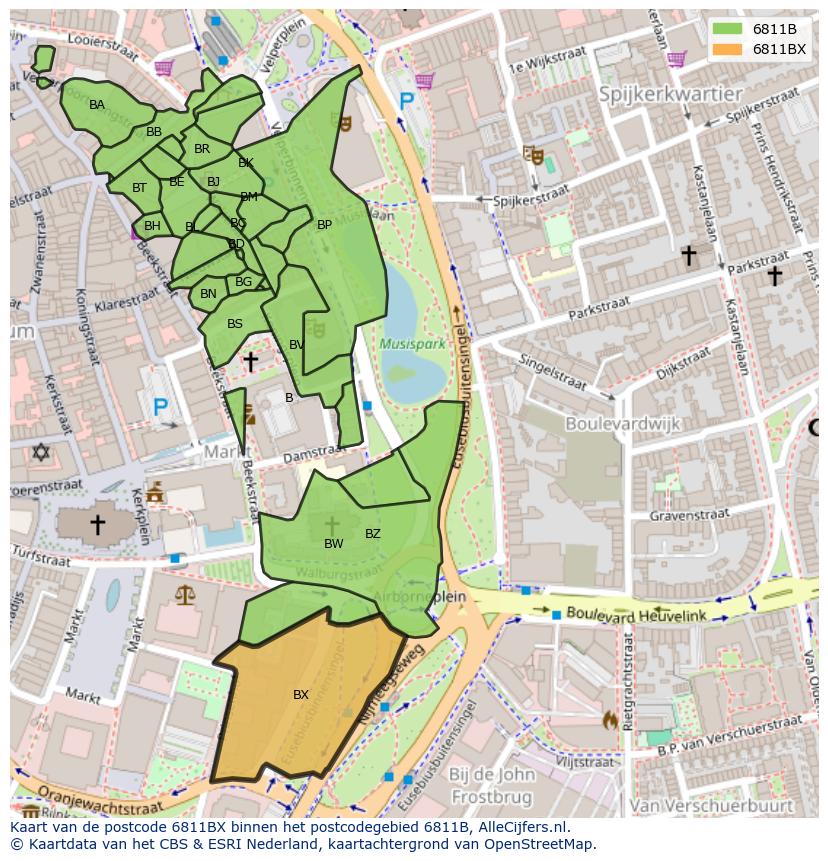 Afbeelding van het postcodegebied 6811 BX op de kaart.