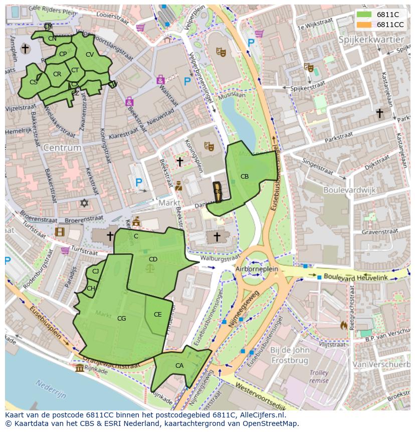 Afbeelding van het postcodegebied 6811 CC op de kaart.
