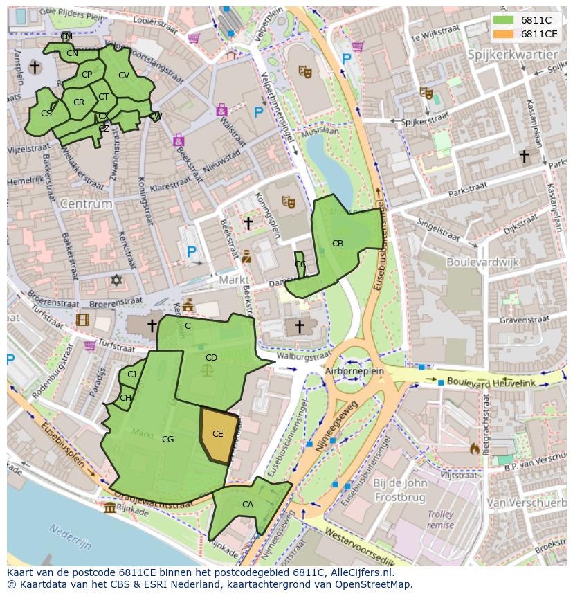 Afbeelding van het postcodegebied 6811 CE op de kaart.