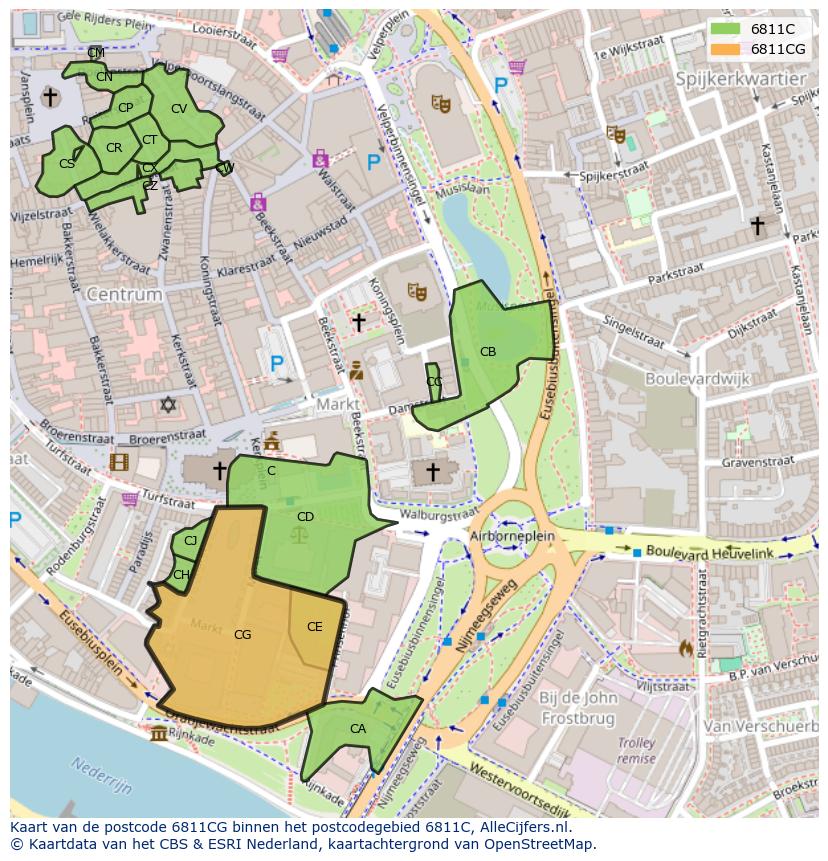 Afbeelding van het postcodegebied 6811 CG op de kaart.