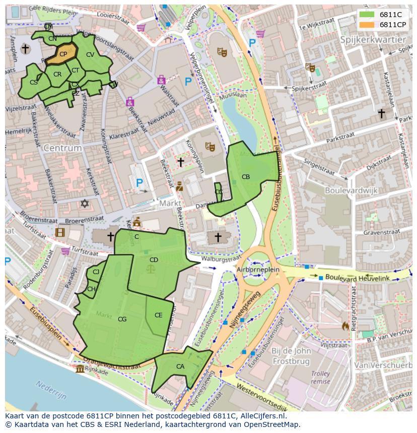Afbeelding van het postcodegebied 6811 CP op de kaart.