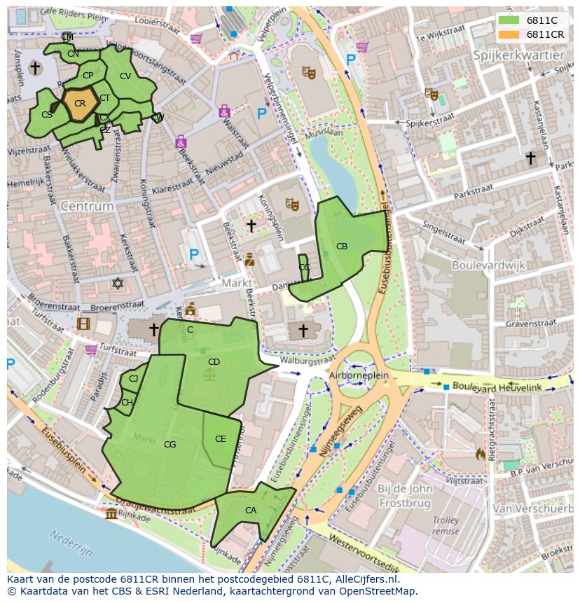 Afbeelding van het postcodegebied 6811 CR op de kaart.