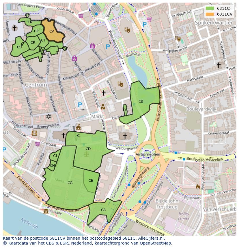 Afbeelding van het postcodegebied 6811 CV op de kaart.