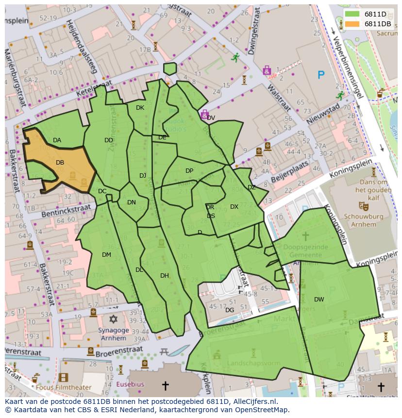 Afbeelding van het postcodegebied 6811 DB op de kaart.