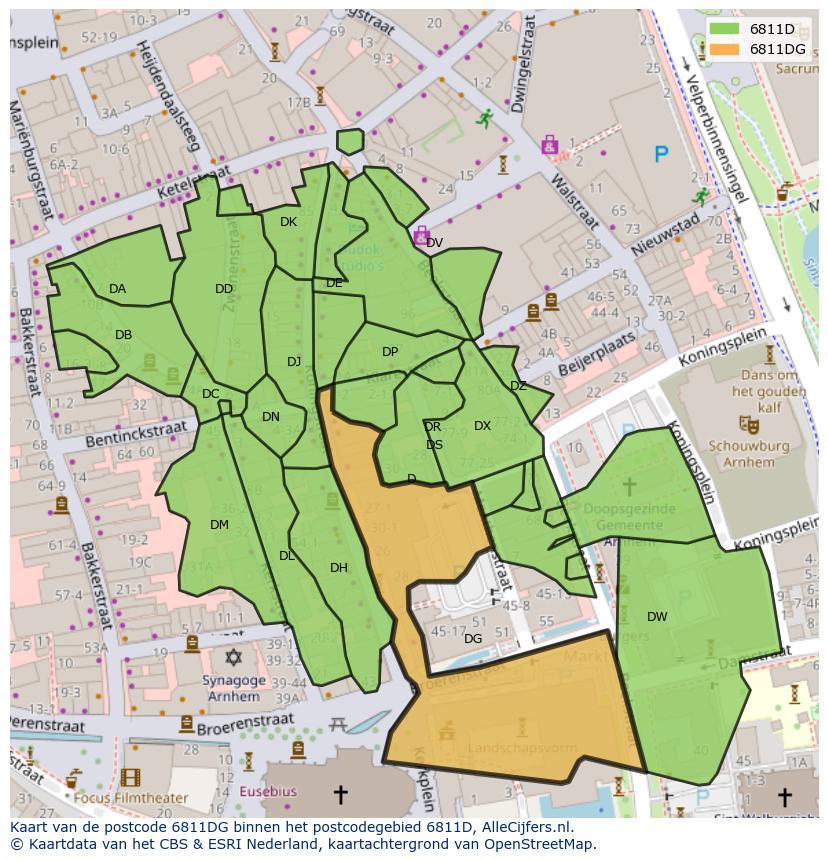 Afbeelding van het postcodegebied 6811 DG op de kaart.