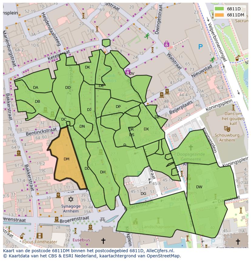 Afbeelding van het postcodegebied 6811 DM op de kaart.