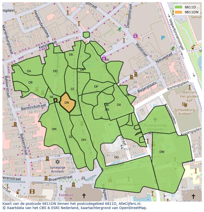 Afbeelding van het postcodegebied 6811 DN op de kaart.