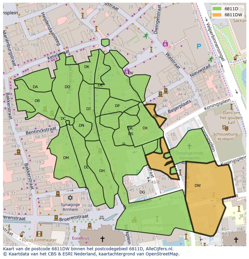 Afbeelding van het postcodegebied 6811 DW op de kaart.