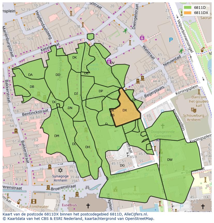 Afbeelding van het postcodegebied 6811 DX op de kaart.