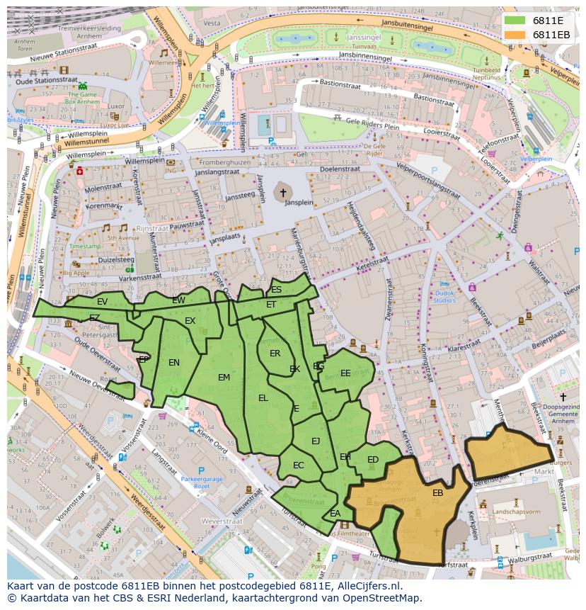 Afbeelding van het postcodegebied 6811 EB op de kaart.