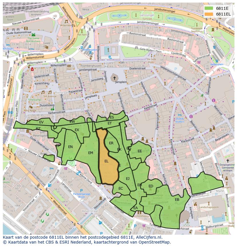 Afbeelding van het postcodegebied 6811 EL op de kaart.