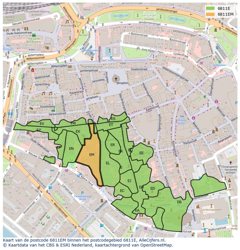 Afbeelding van het postcodegebied 6811 EM op de kaart.