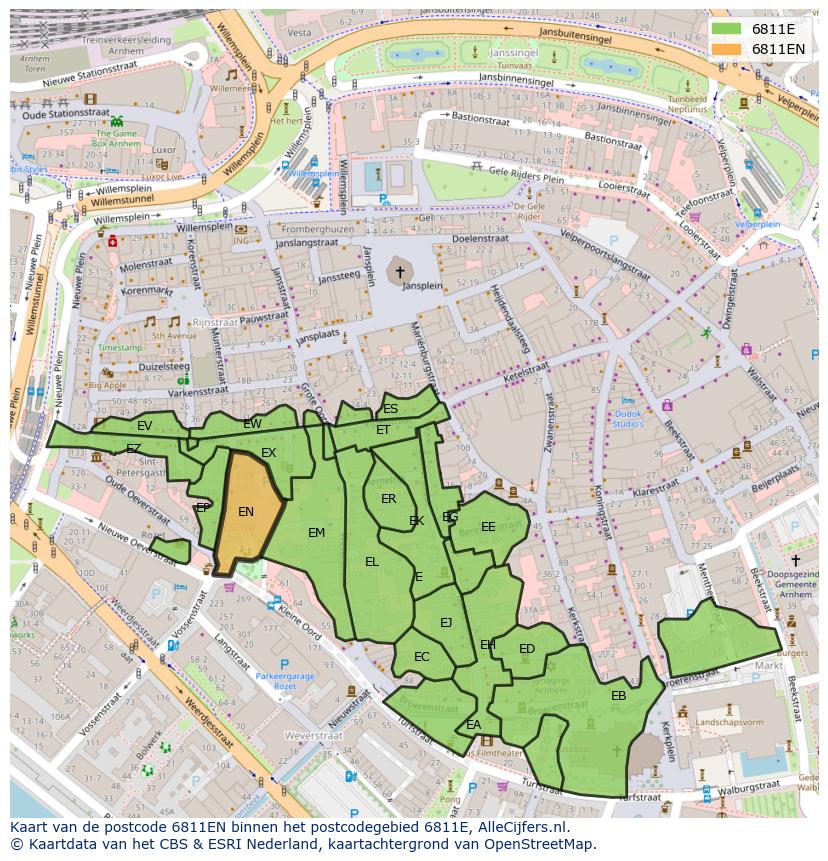 Afbeelding van het postcodegebied 6811 EN op de kaart.