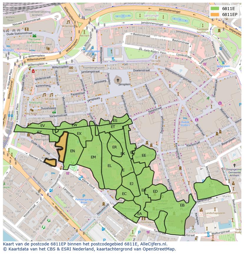 Afbeelding van het postcodegebied 6811 EP op de kaart.