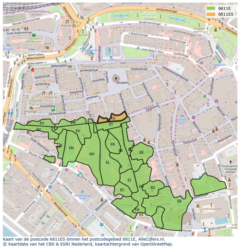 Afbeelding van het postcodegebied 6811 ES op de kaart.