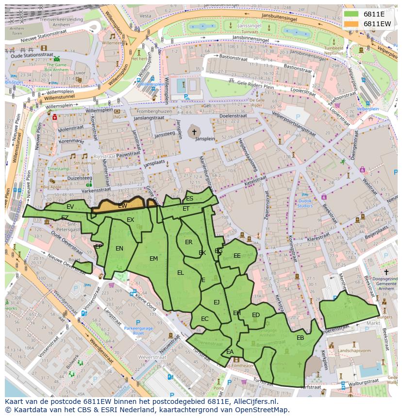 Afbeelding van het postcodegebied 6811 EW op de kaart.