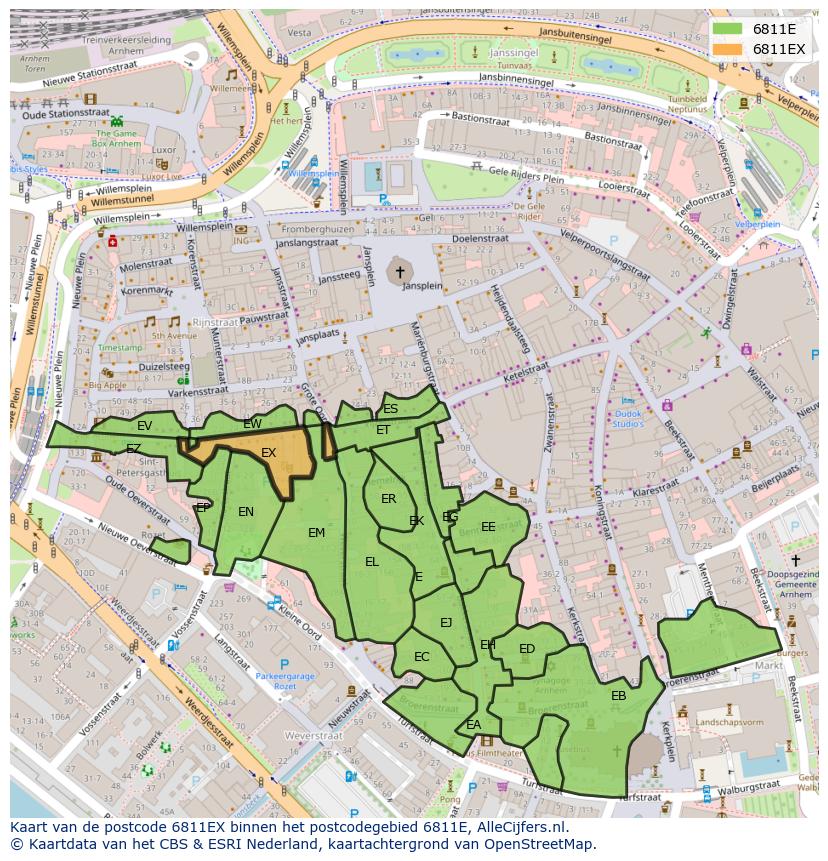 Afbeelding van het postcodegebied 6811 EX op de kaart.