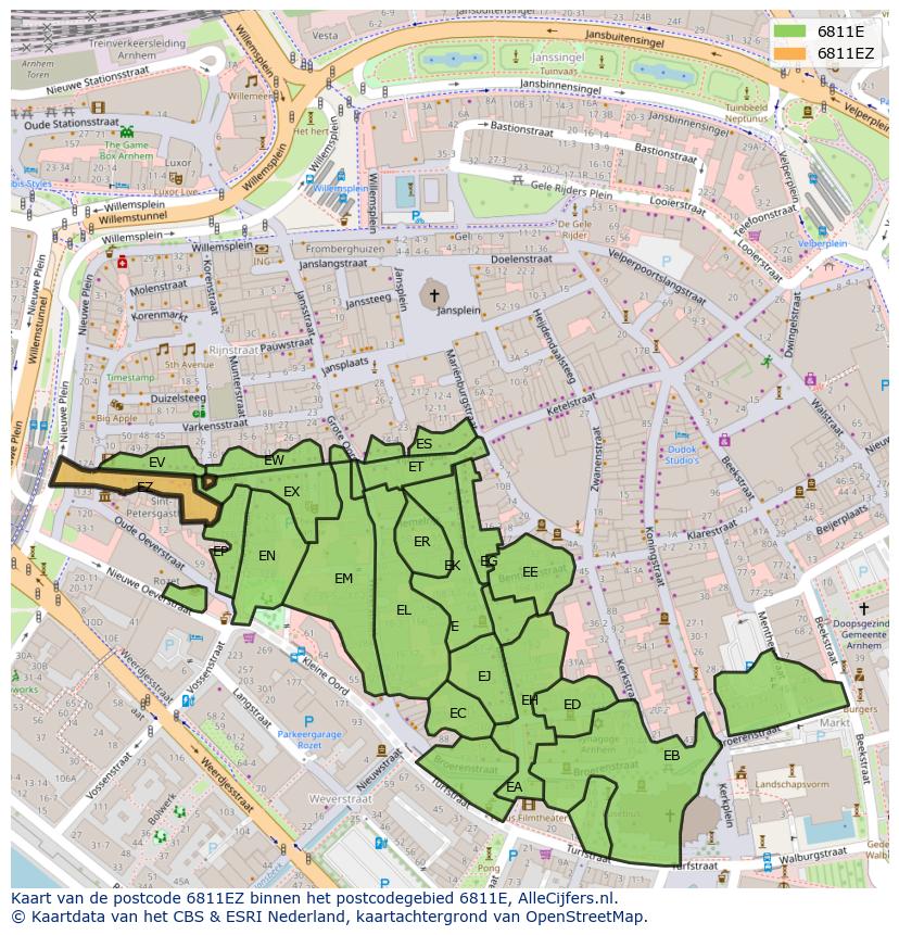 Afbeelding van het postcodegebied 6811 EZ op de kaart.