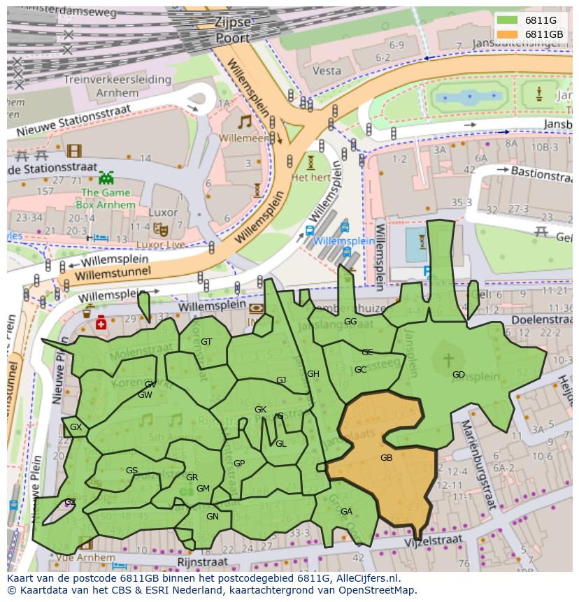 Afbeelding van het postcodegebied 6811 GB op de kaart.