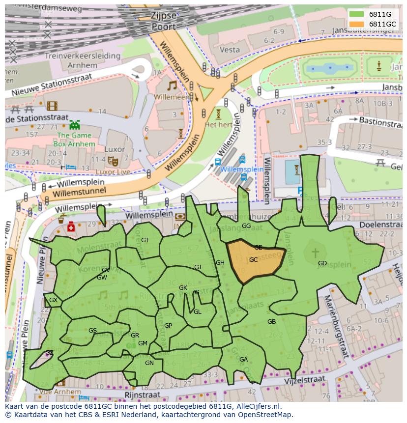 Afbeelding van het postcodegebied 6811 GC op de kaart.