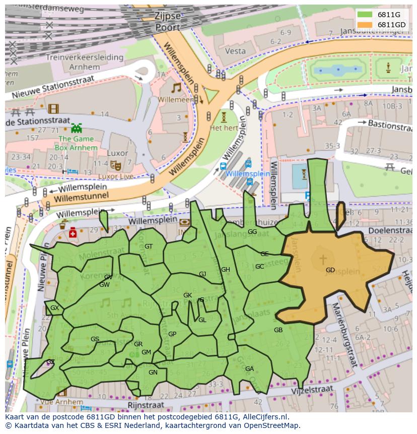 Afbeelding van het postcodegebied 6811 GD op de kaart.