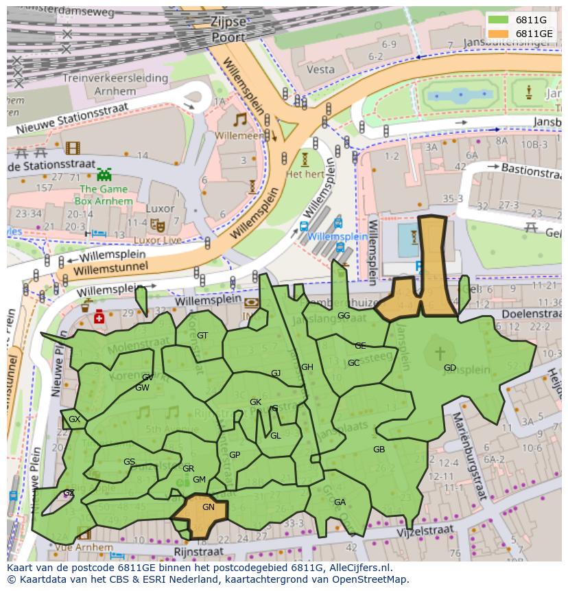 Afbeelding van het postcodegebied 6811 GE op de kaart.